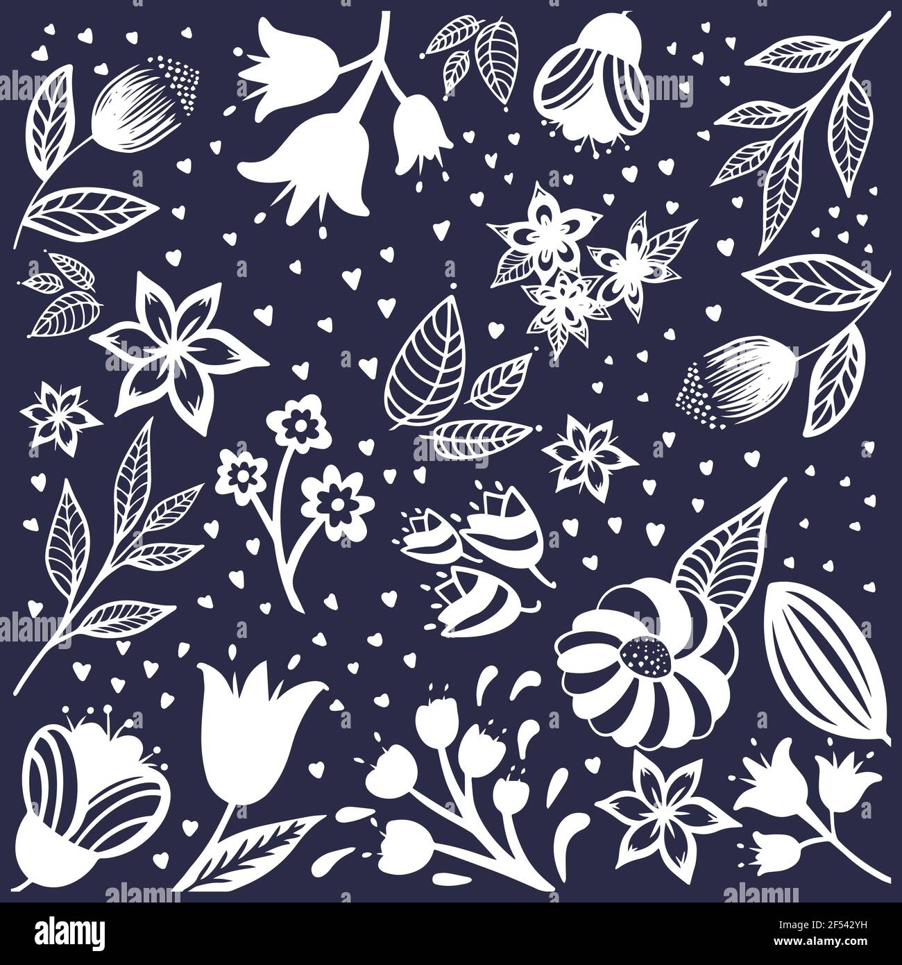 Flowers seamless pattern. White silhouettes flowers, leafs, branches on dark blue background. Vector illustration. Stock Vector