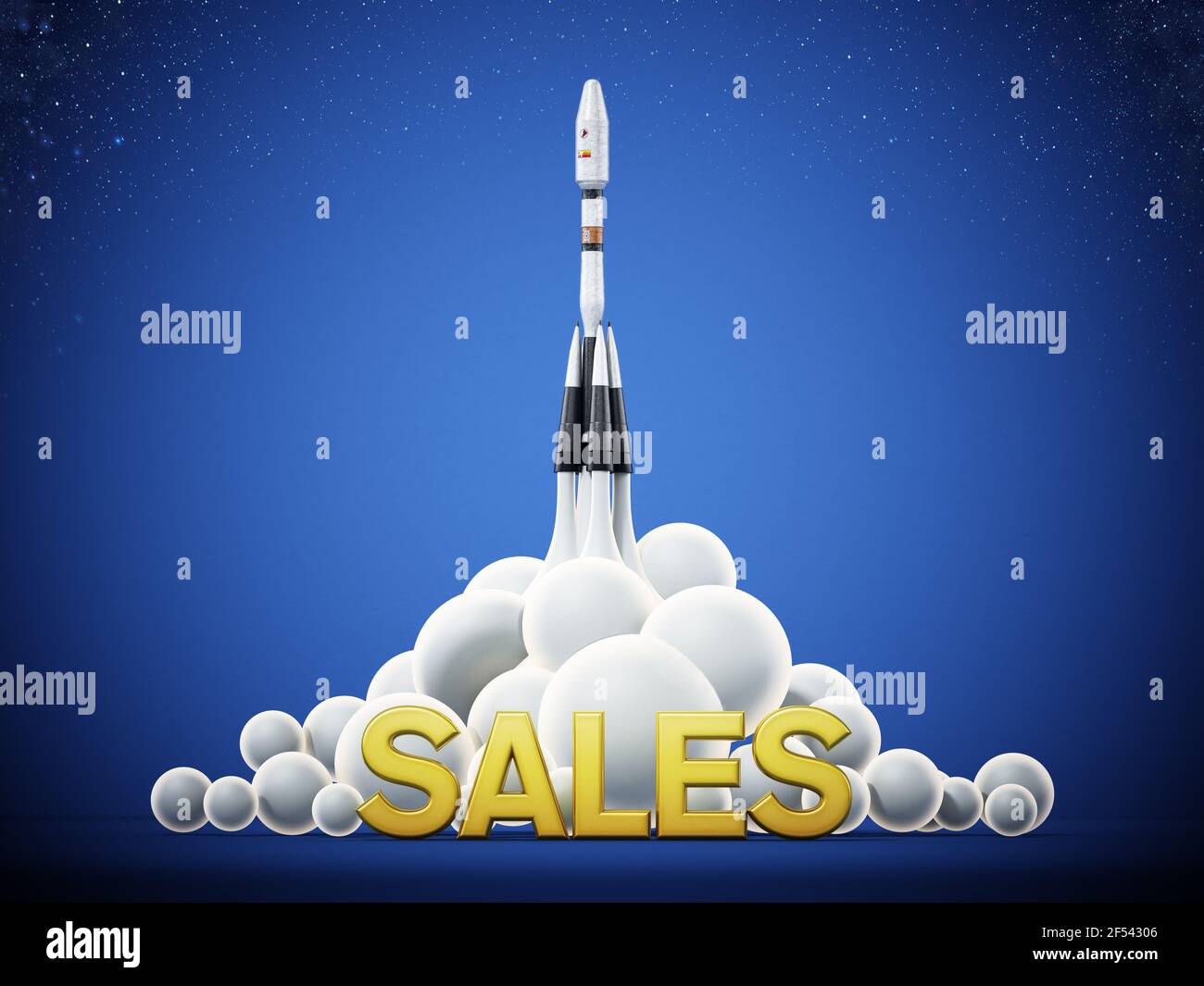 Sales text standing in front of a launching rocket. Business and success concept. 3D illustration. Stock Photo