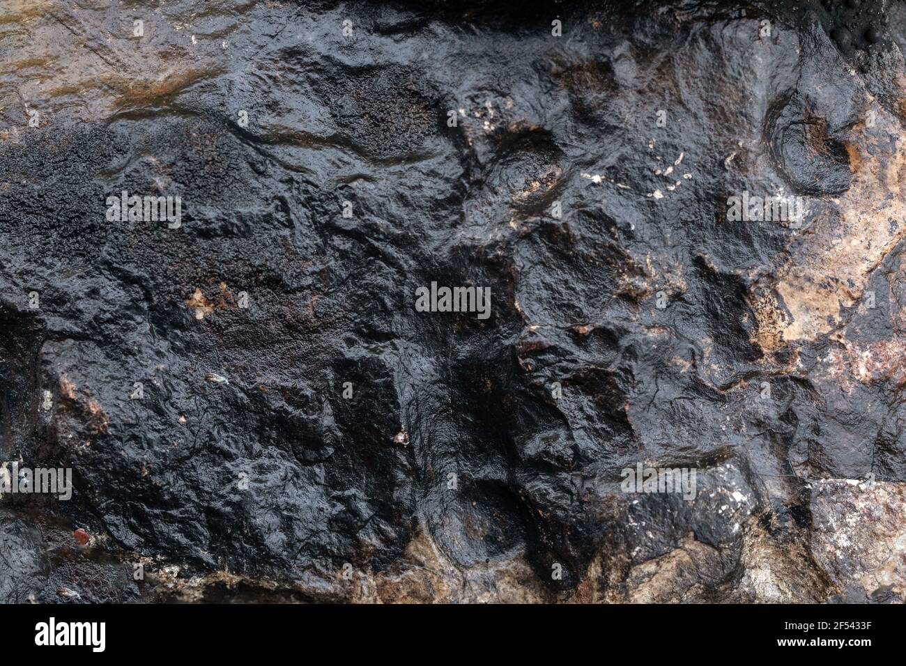 Relief area background with bumps and irregularities of black-brown color of burnt large stone close-up. After bonfire or fire. Nothing left. Thoughts Stock Photo