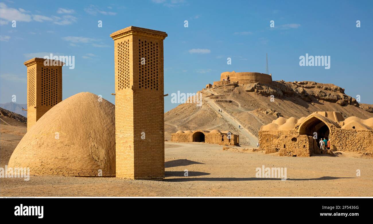 geography / travel, air-cooled cistern and Dakhma, Yazd, Additional-Rights-Clearance-Info-Not-Available Stock Photo
