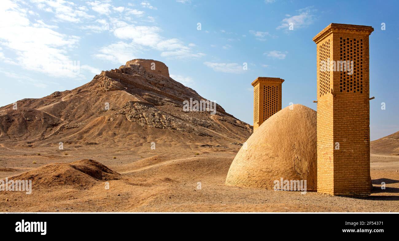geography / travel, air-cooled cistern and Dakhma, Yazd, Additional-Rights-Clearance-Info-Not-Available Stock Photo
