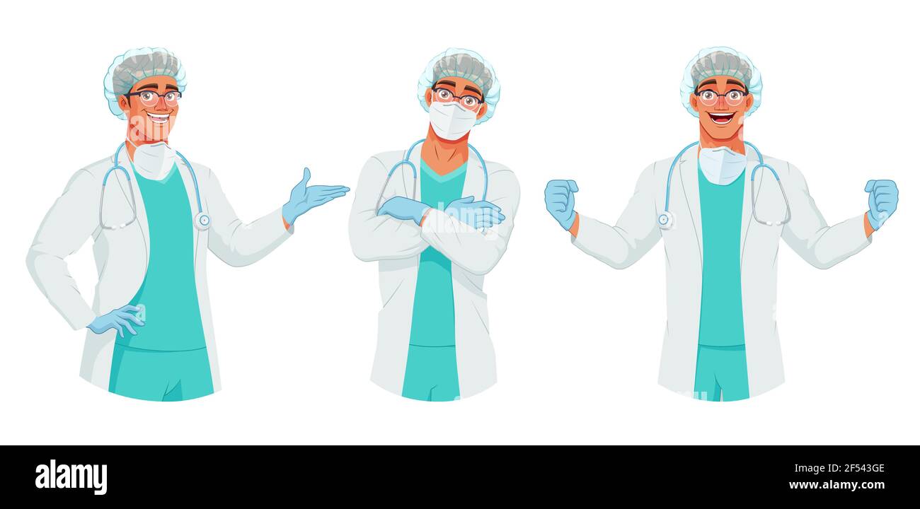 Doctor in hat, mask, and gloves in different poses. Presenting, arms crossed over chest, raising hands up. Vector set. Stock Vector