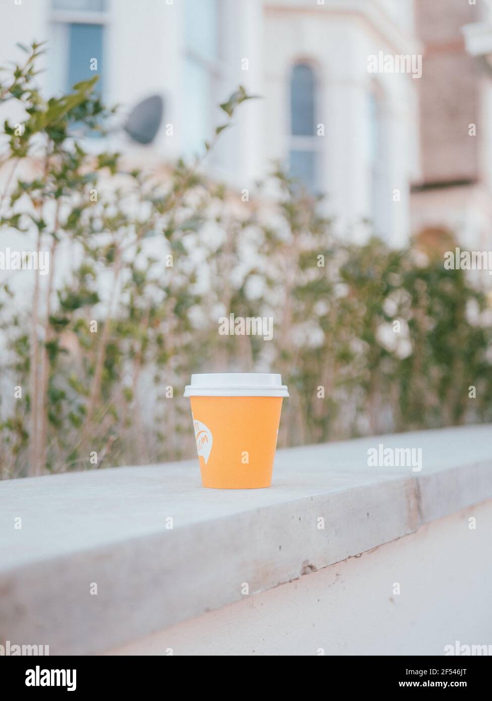 Yellow Disposable Cup on white wall Stock Photo