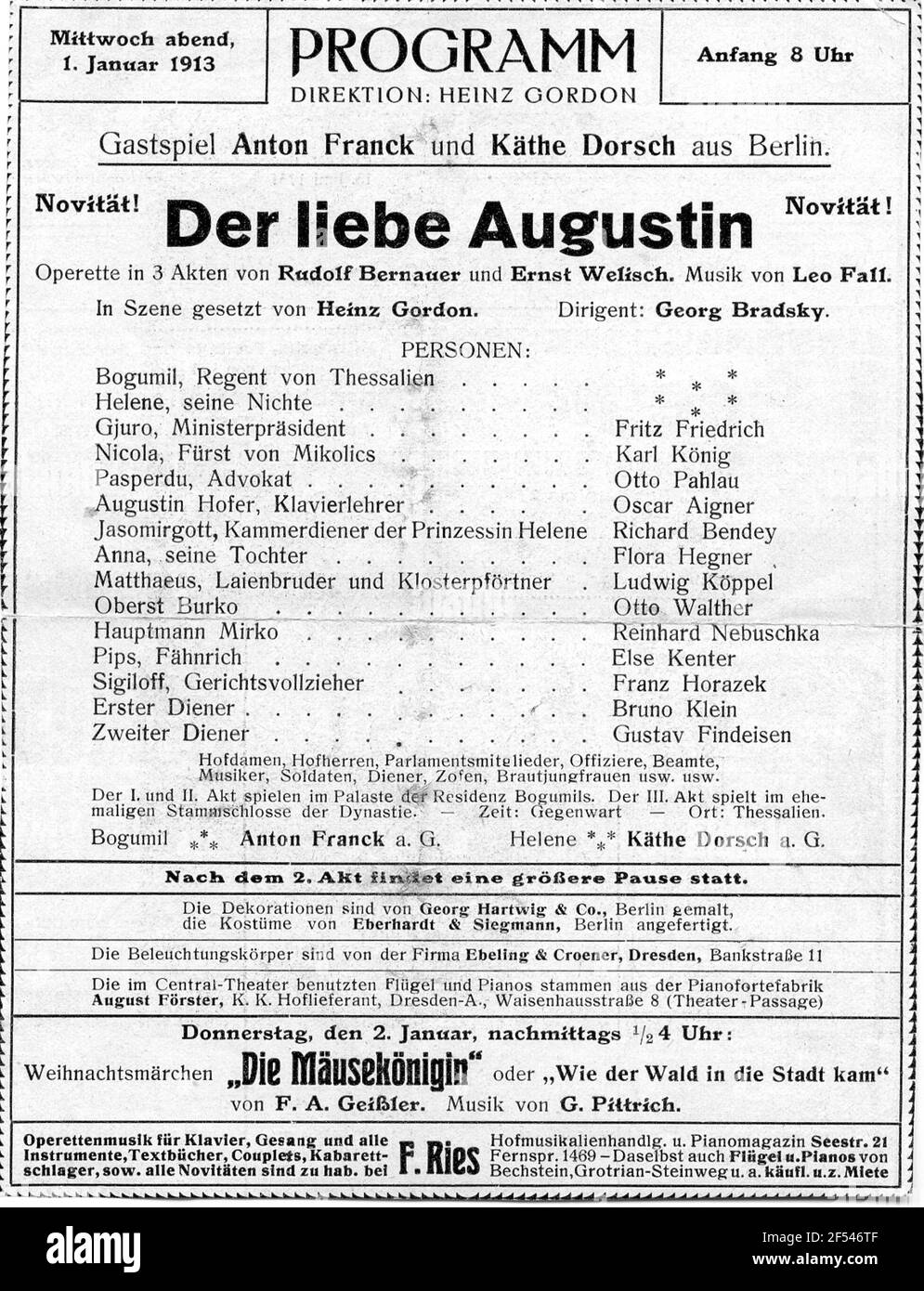 Theater list for the performance of the Operette 'Dear Augustin' by Leo Fall of January 1, 1913 at the Central Theater Dresden (Dresdner first run on 23 December 1912) Stock Photo