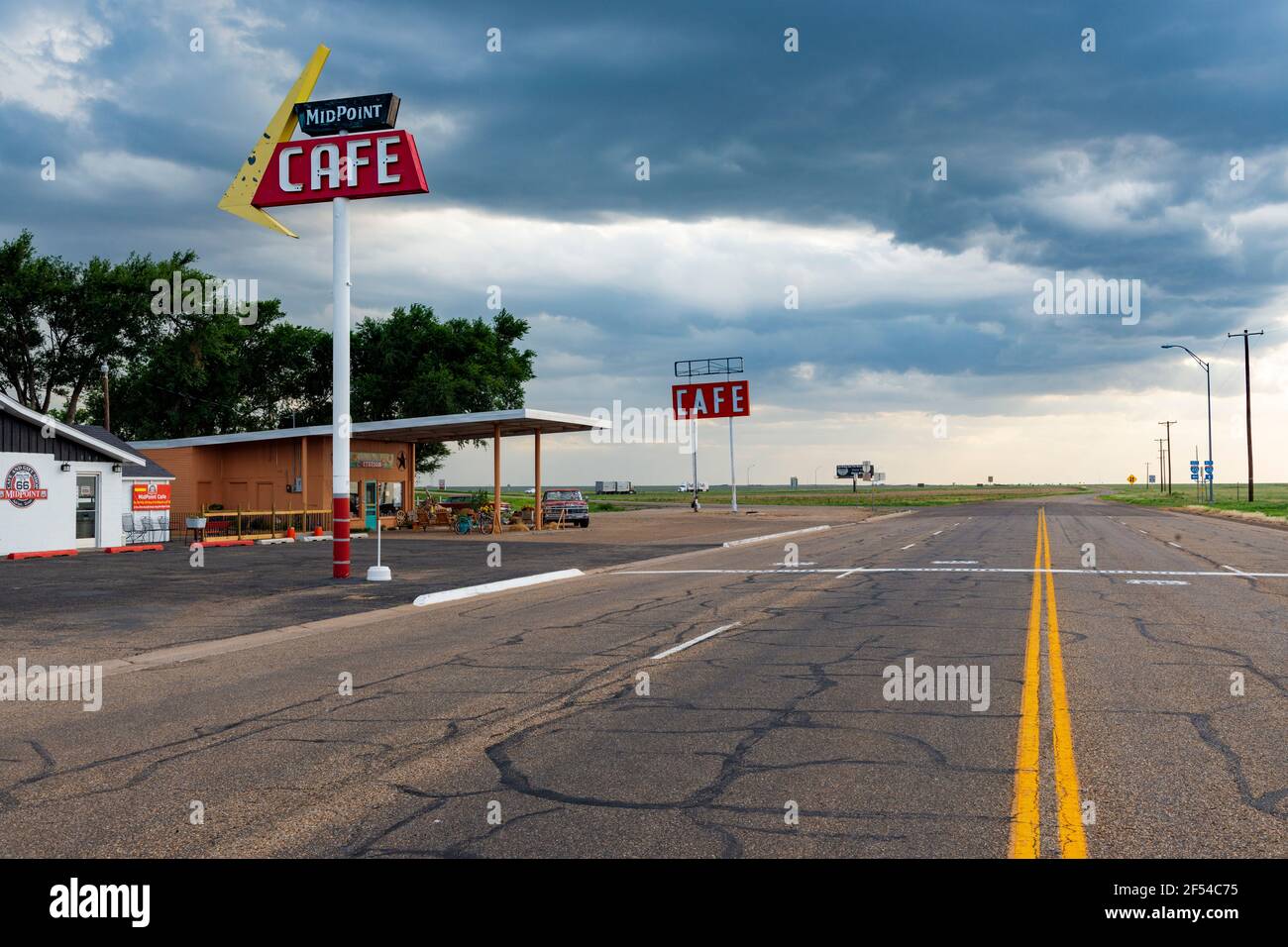 Adrian, Texas - July 9, 2014: View of the Midpoint Cafe along the historic us route 66 in in the city of Adrian, Texas. Stock Photo