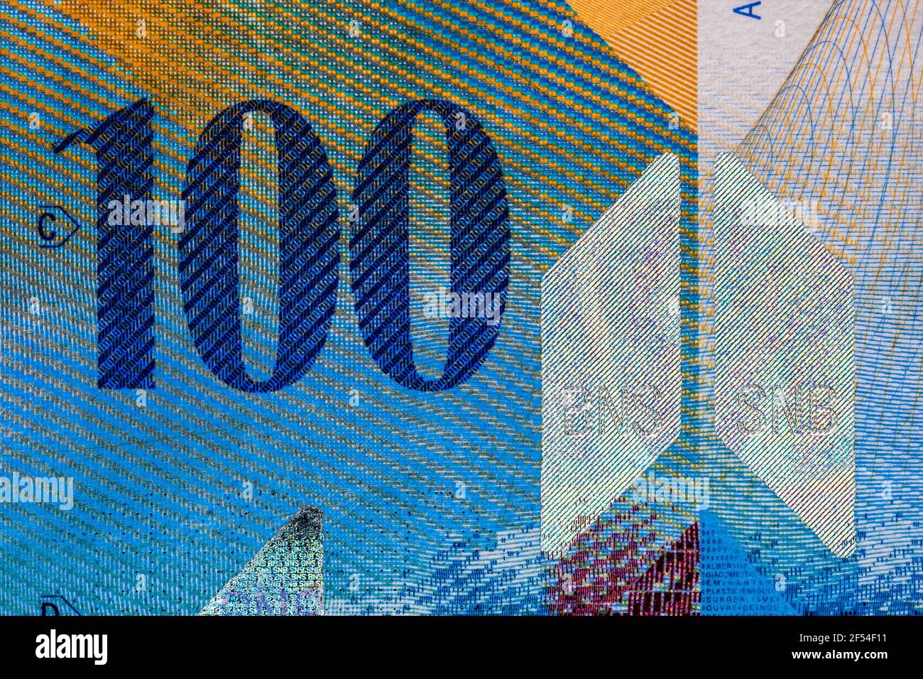 Selective focus on detail of 100 swiss franc banknote. Close up macro ...