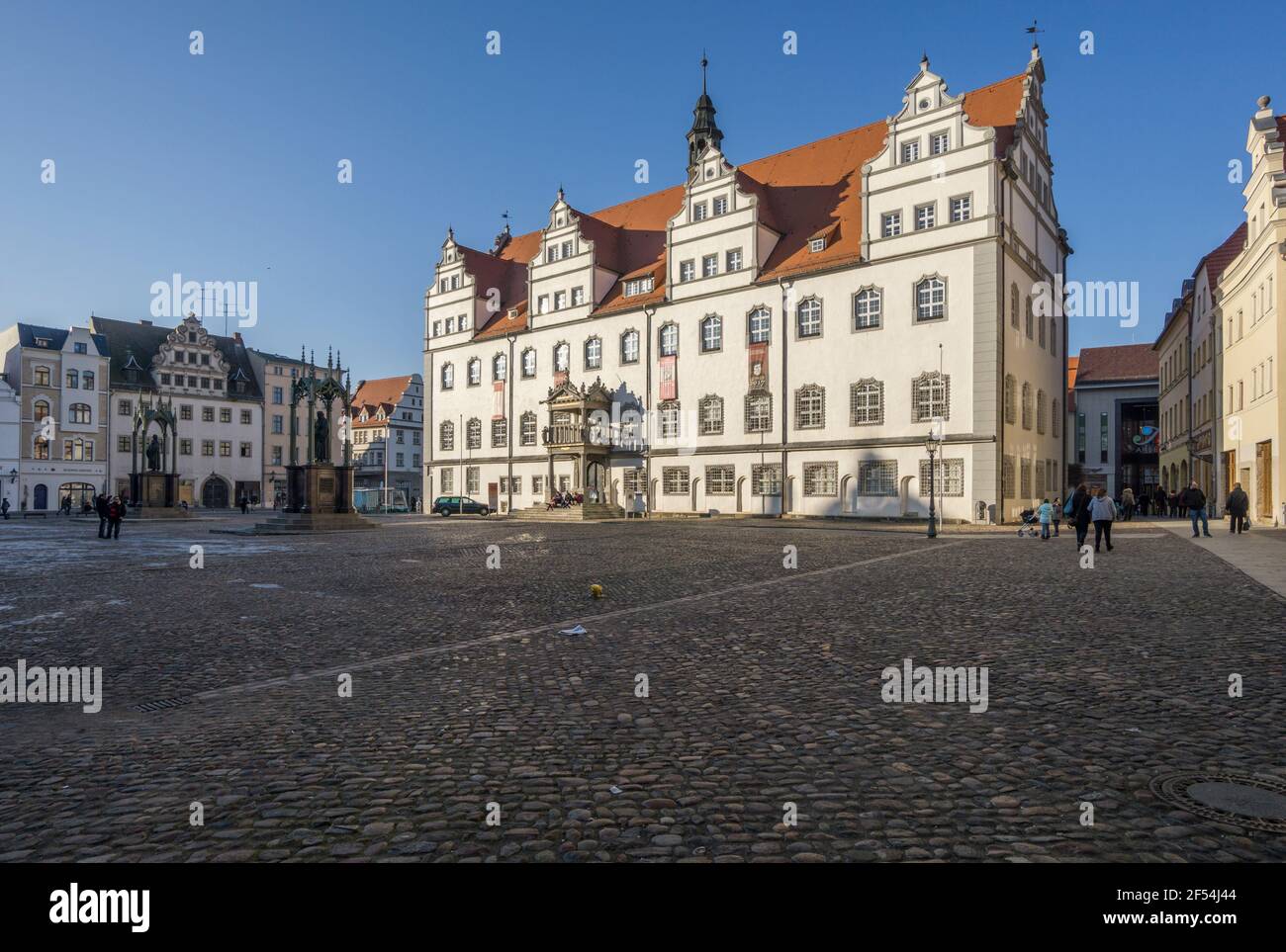 geography / travel, Germany, Saxony-Anhalt, Lutherstadt Wittenberg, marketplace with city hall, Additional-Rights-Clearance-Info-Not-Available Stock Photo