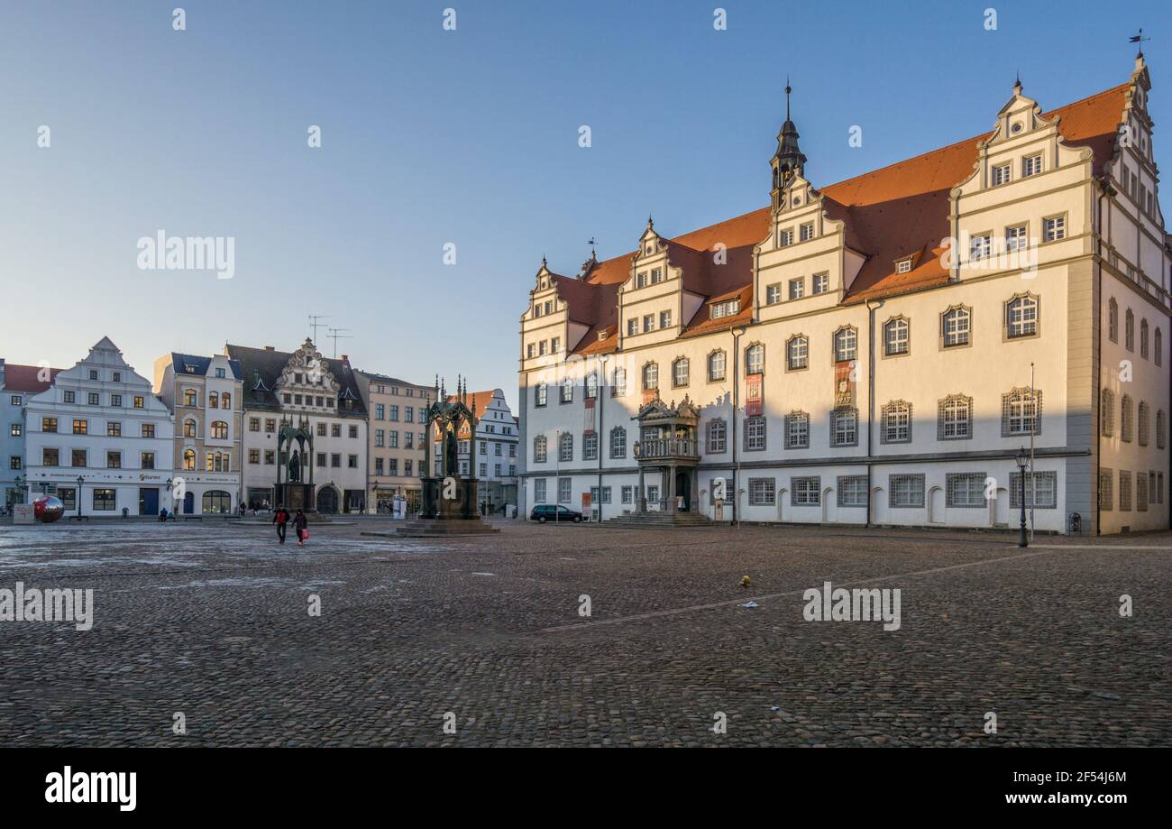 geography / travel, Germany, Saxony-Anhalt, Lutherstadt Wittenberg, marketplace with city hall in the , Additional-Rights-Clearance-Info-Not-Available Stock Photo