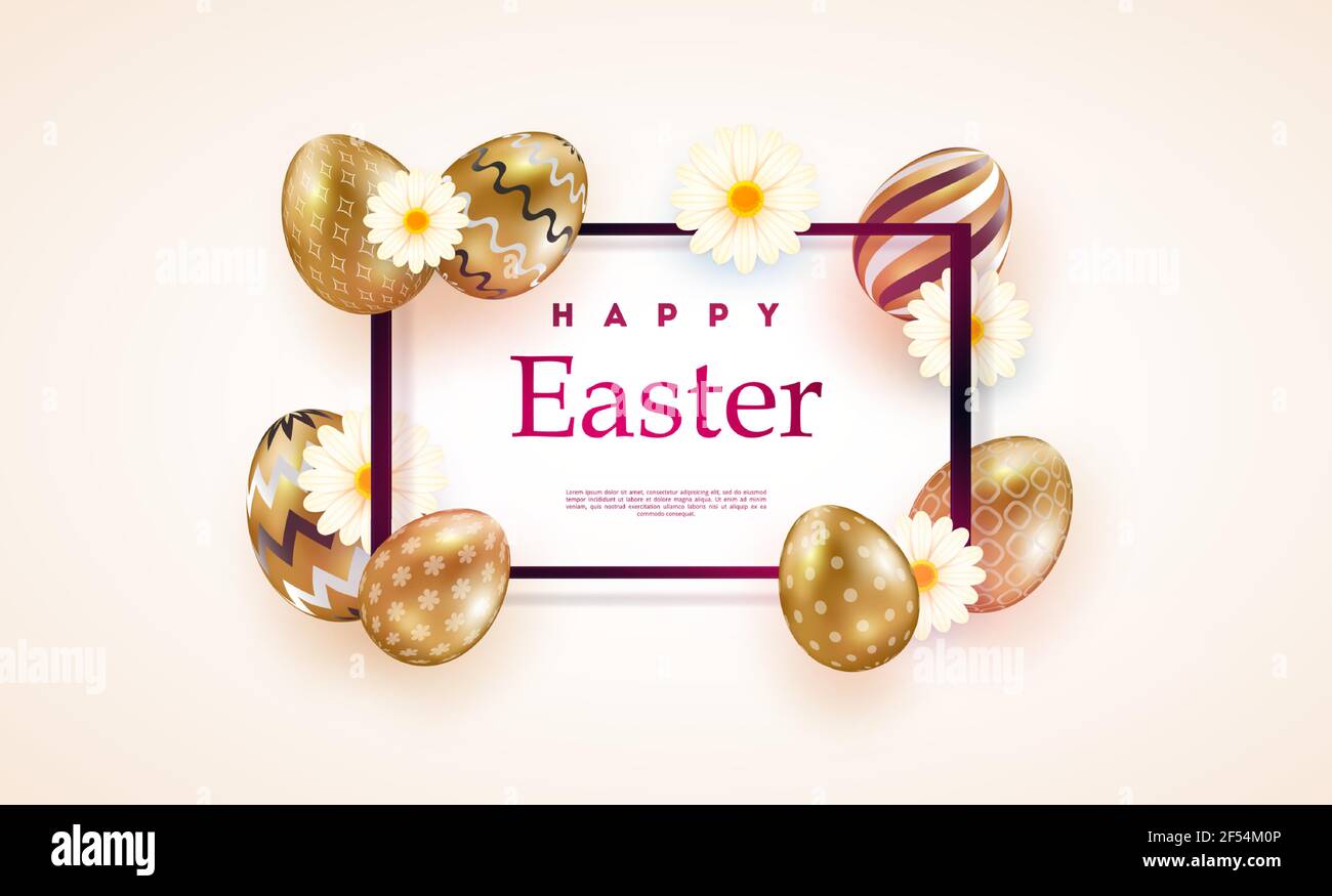 Composition of Easter eggs. Festive background On a light background, white golden Easter eggs with geometric patterns. Template for posters and Stock Vector