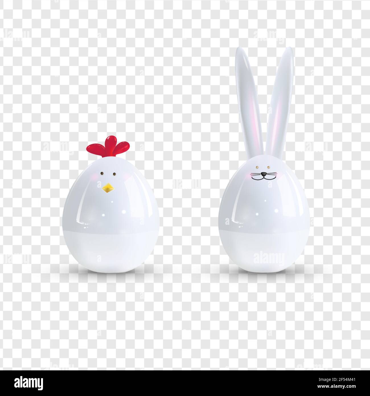 Vector white ceramic Easter bunny and chicken. Decorative realistic object for Easter Day. Stock Vector
