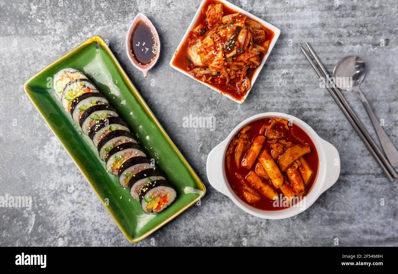 Top view Korean food on gray concrete table. Stock Photo