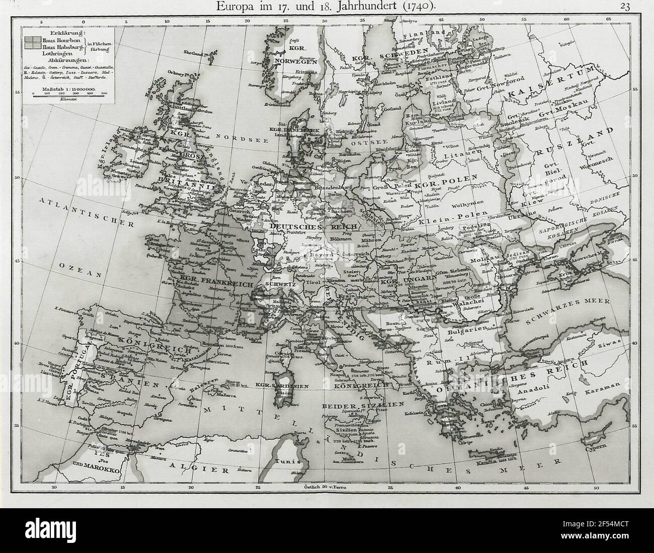 Europe in the 17th and 18th centuries (1740). Scale 1: 15000000. Map 23 from: F. W. Putzgers Historical School Atlas: To the old, medium and new history. Edited by Alfred Baldamus and Ernst Schwabe. Multi-color printing. Bielefeld and Leipzig: Velhagen & Klasing, 1904 (28th edition) Stock Photo