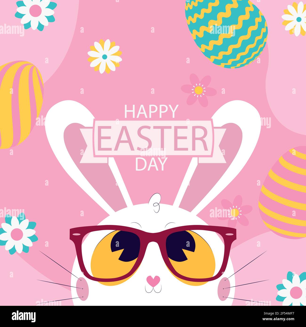 White Easter bunny with glasses on a pink background - Vector illustration Stock Vector