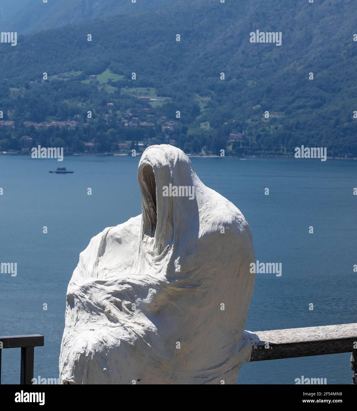 terrace with ghost guest of Vezio castle.Varenna, Como lake, lombardy, Italy Stock Photo