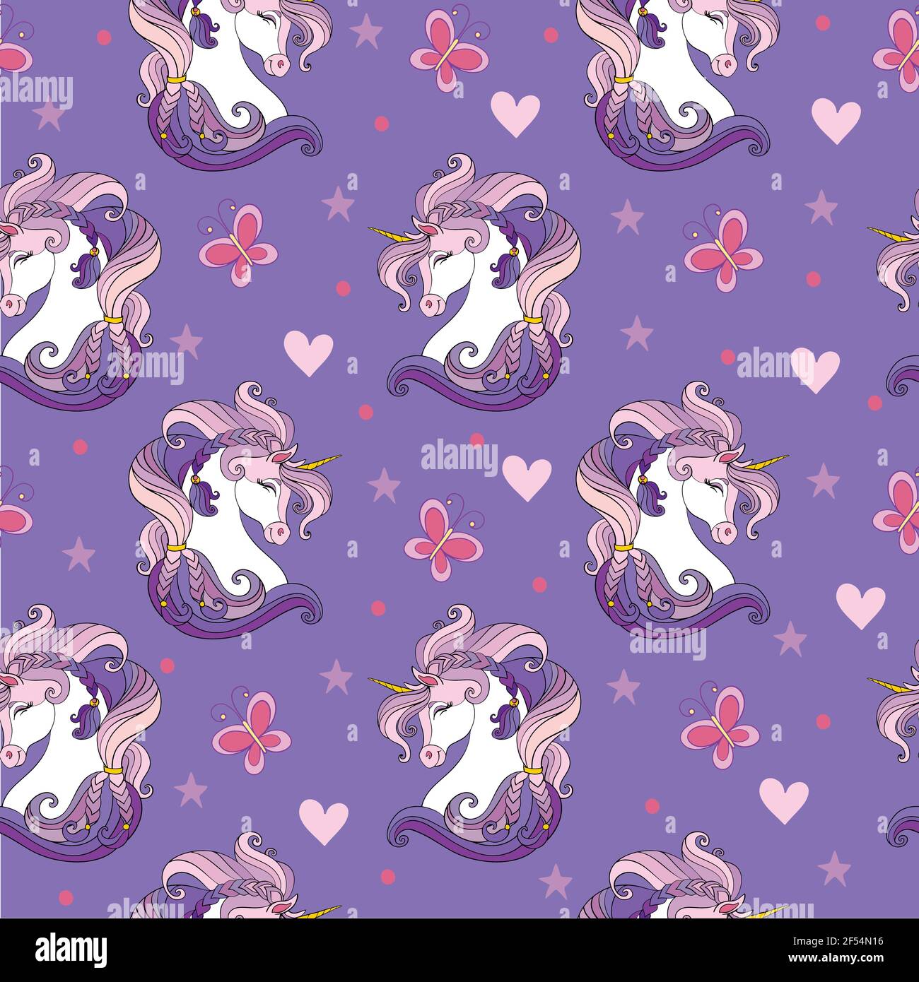 Seamless pattern with heads of unicorns and magic elements on purple ...