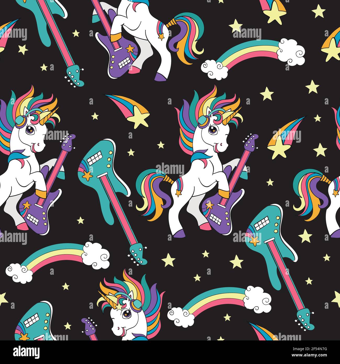 Seamless pattern with cool unicorns with guitar on black ...