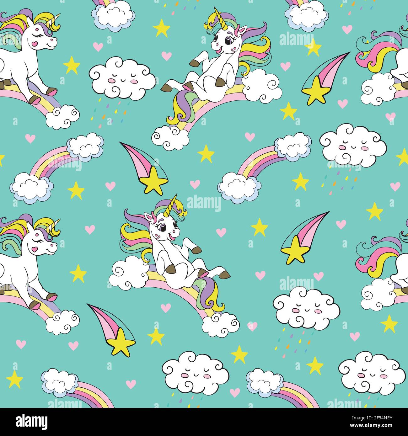 Seamless pattern with funny unicorns and rainbows on turquoise background. Vector  illustration for party, print, baby shower, wallpaper, design, decor Stock  Vector Image & Art - Alamy