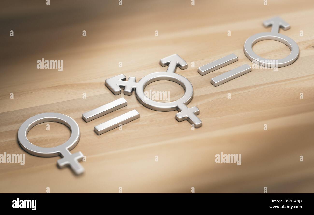 3D illustration of gender and equal symbols. Concept of transgender rights, equality and recognition. Stock Photo