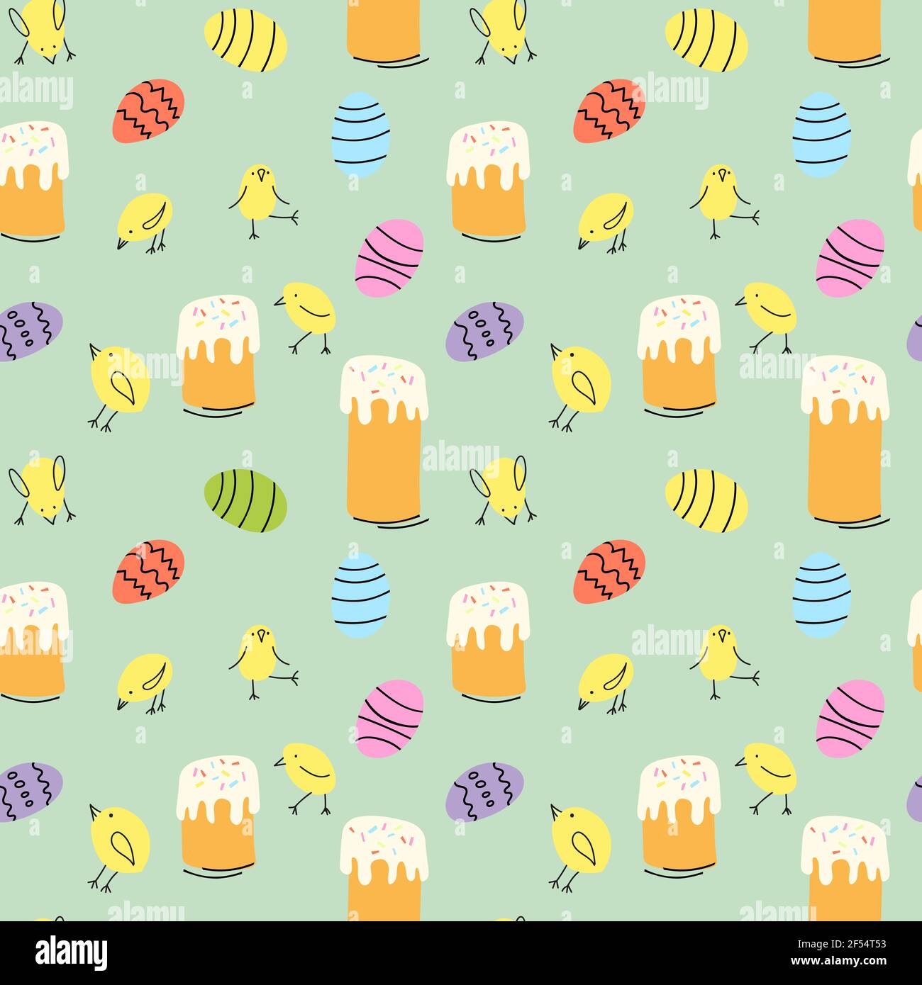Easter seamless pattern with Easter cake, eggs and baby chicken Stock Vector