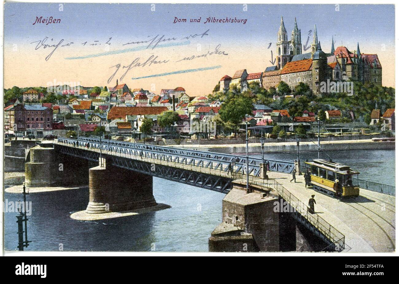 Albrechtsburg and Cathedral - Elbbrücke with tram Meissen. Albrechtsburg u. Cathedral - Elbbrücke M. Tram Stock Photo