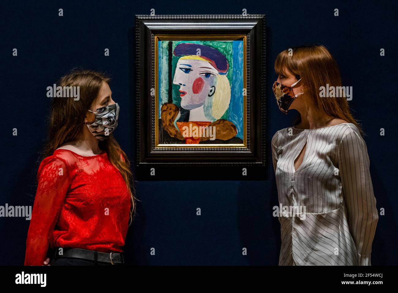 London, UK. 24th Mar, 2021. Femme au Béret Mauve, 1937 by Pablo Picasso. Estimate: $10,000,000-15,000,000 - the portrait, unseen for nearly 40 years, is being shown in cities around the world before being offered for sale at Bonhams Impressionist and Modern Art sale in New York on Thursday 13 May. Credit: Guy Bell/Alamy Live News Stock Photo