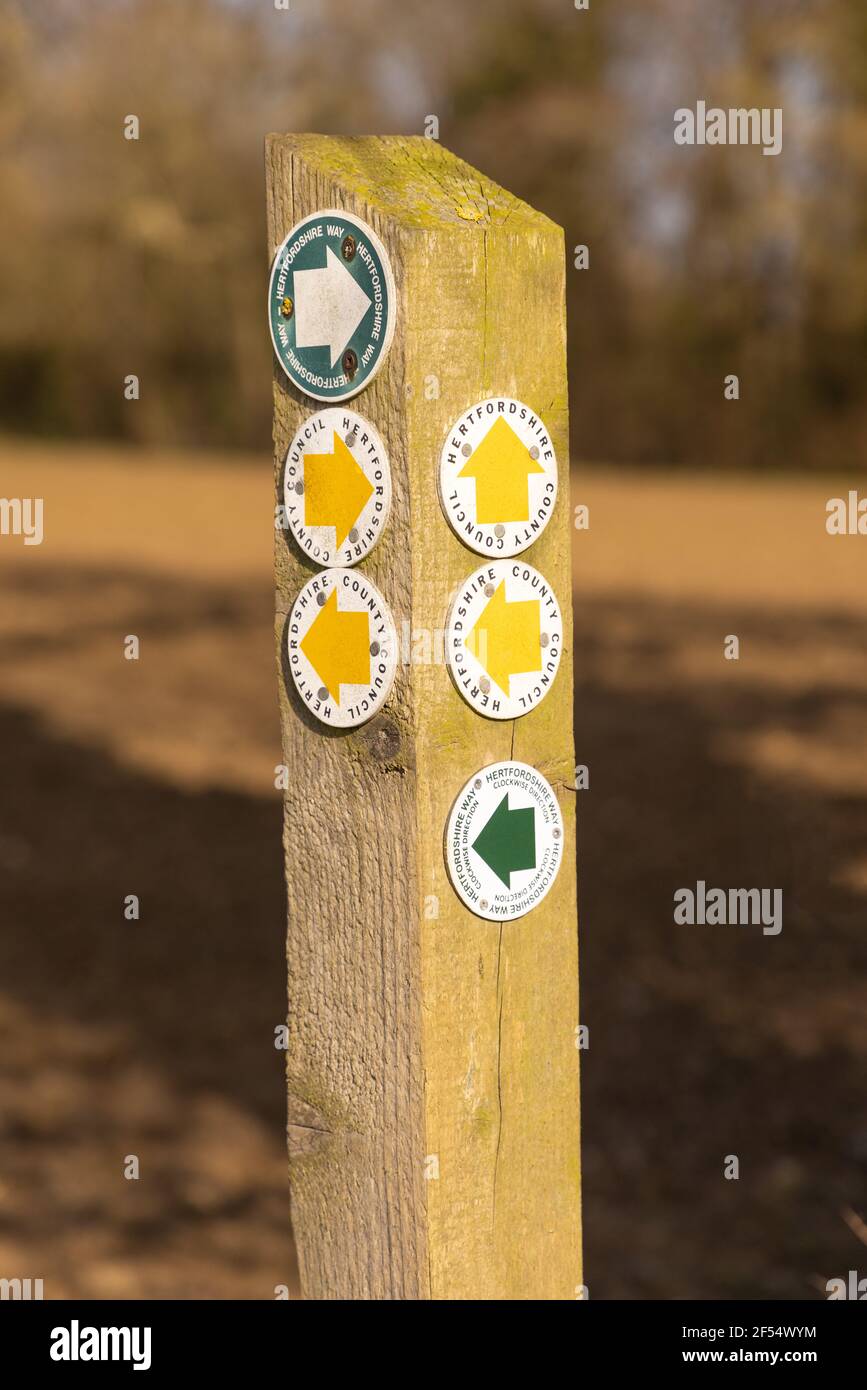 Public footpath signs and labels on a wooden post in the countryside. Hertfordshire, UK Stock Photo