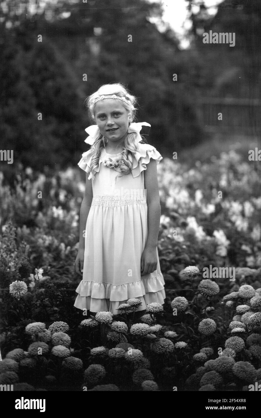 Girl from the family Lempe in a flower garden. Recording (Döbel-) Choren 1937 Stock Photo