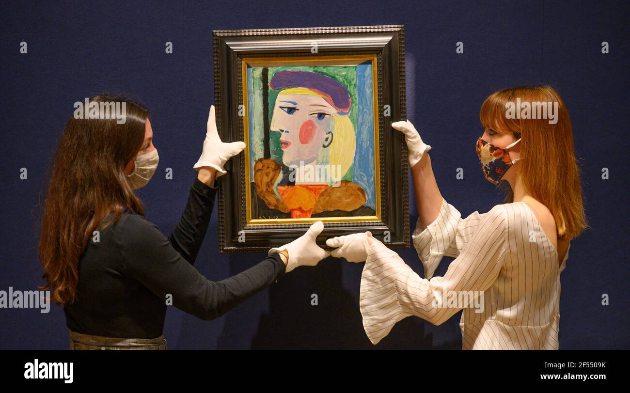 Bonhams, London, UK. 24 March 2021. A major Picasso portrait not seen for nearly 40 years, Femme au Béret Mauve, estimate $10,000,000-15,000,000, will be offered for sale at Bonhams Impressionist and Modern Art sale in New York on Thursday 13 May. Femme au Béret Mauve, painted in 1937, one of the artist’s most fruitful years during which he also produced Guernica. It is one of several depictions of Marie-Thérèse Walter painted at Le Tremblay-sur-Mauldre. Credit: Malcolm Park/Alamy Live News Stock Photo