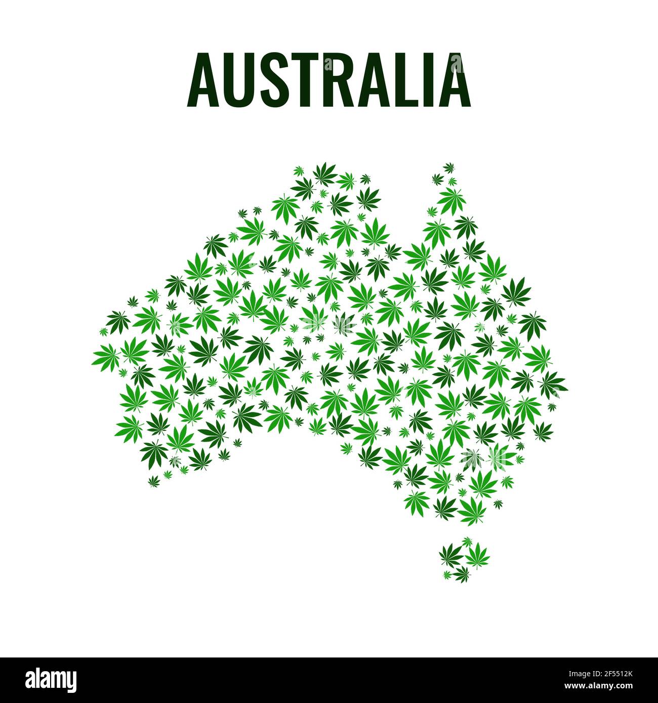 Map Of Australia Continent with Green Cannabis Leaves. Vector marijuana in green colors.Illustration of foliage. Stock Vector