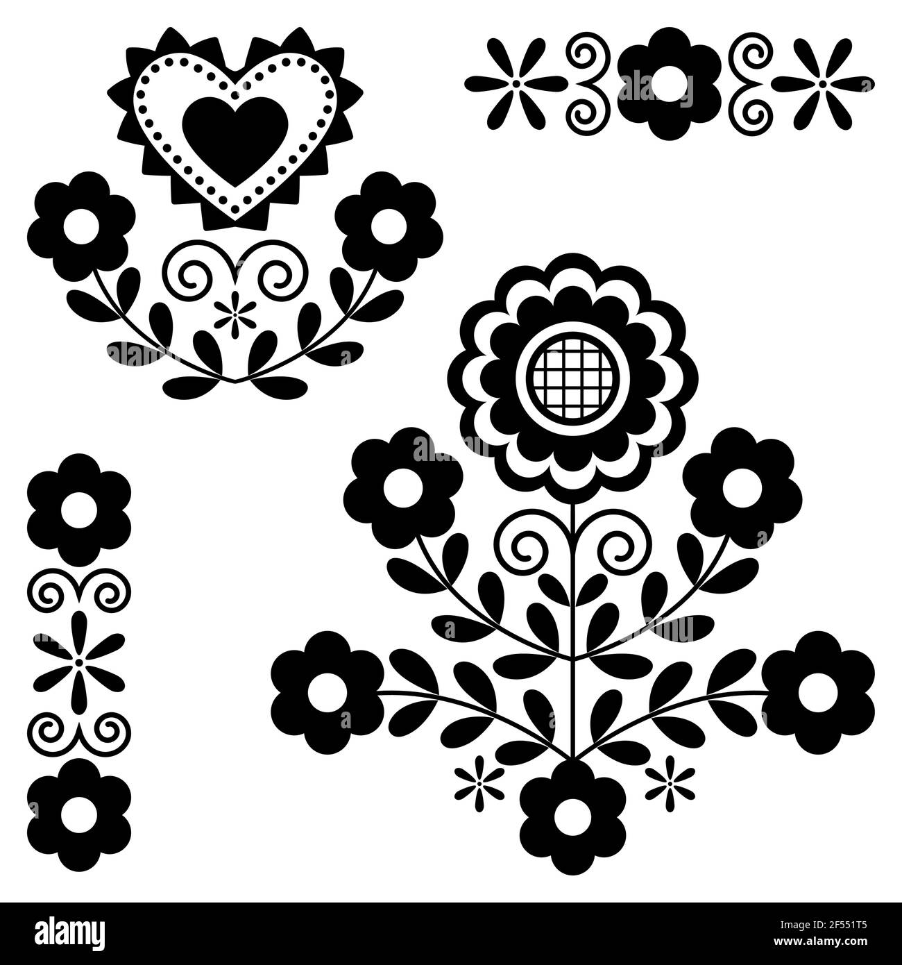 Cute Polish Floral folk art vector monochrome design elements inspired by traditional highlanders embroidery Lachy Sadeckie from Nowy Sacz in Poland Stock Vector