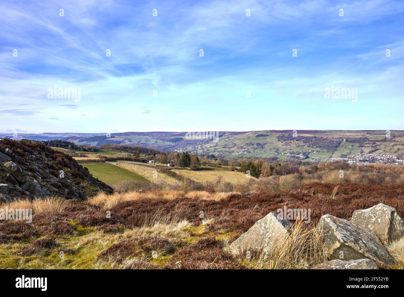 North from a disused quarry, a high moorland view of Pateley Bridge in Nidderdale Stock Photo