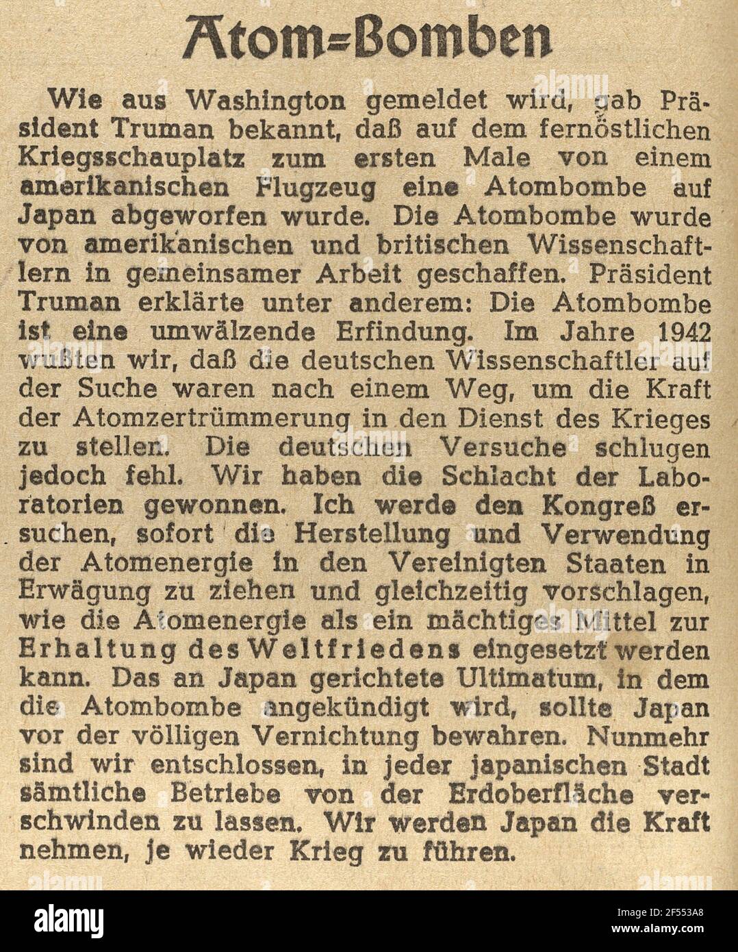 Newspaper Article Atom Bombs Atomic Bomb Compensation On Hiroshima And Nagasaki On August 6 And August 9 1945 Stock Photo Alamy