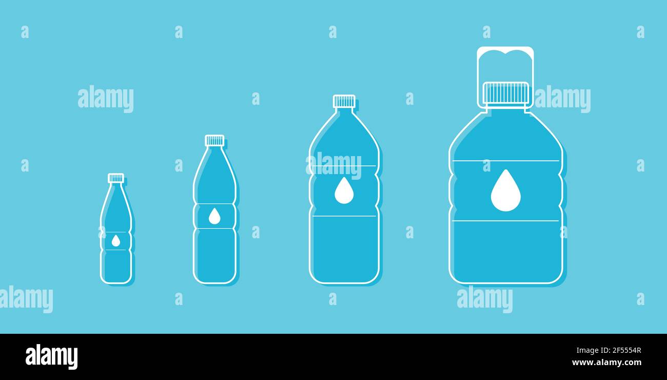 Plastic bottles with water icon set. Different sizes. Vector