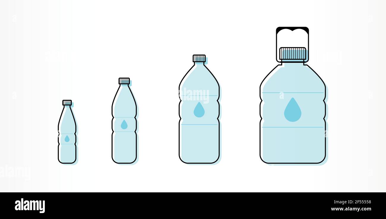 Plastic bottles with water icon set. Different sizes. Vector