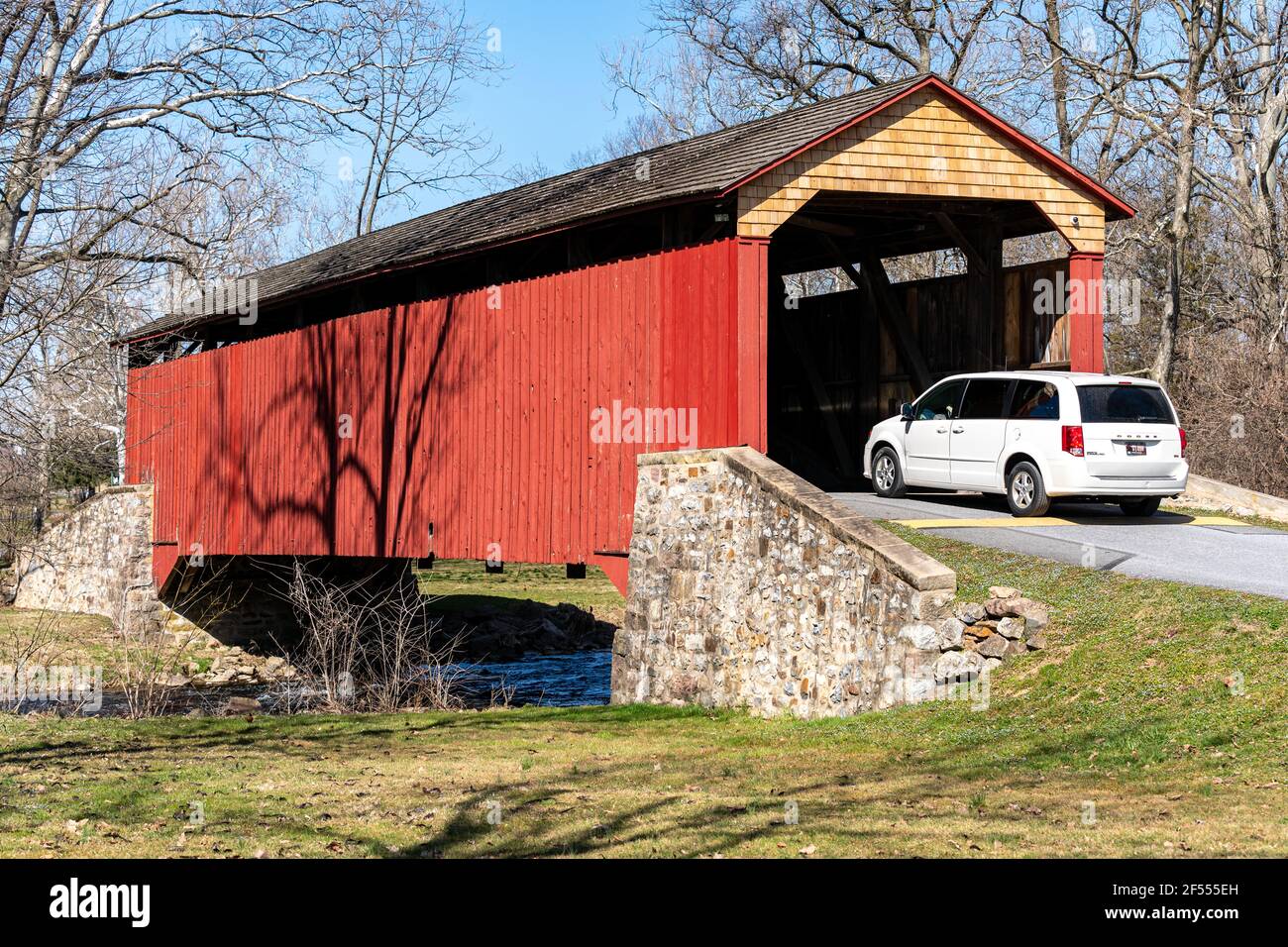 Narvon, PA, USA March 22, 2021 The red Caernarvon Covered Bridge
