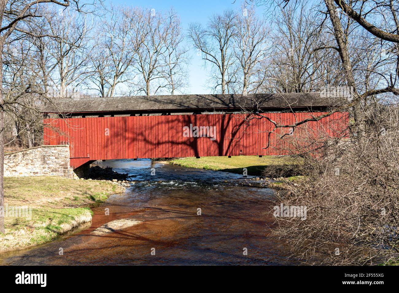 Narvon, PA, USA March 22, 2021 The red Caernarvon Covered Bridge