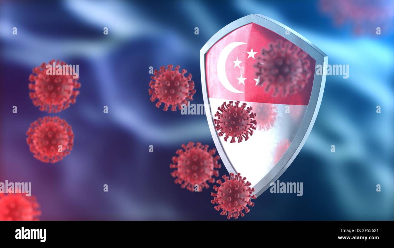 Coronavirus Sars-Cov-2 safety barrier. Steel shield painted as Singapore national flag defend against cells, source of covid-19 disease. Security armo Stock Photo