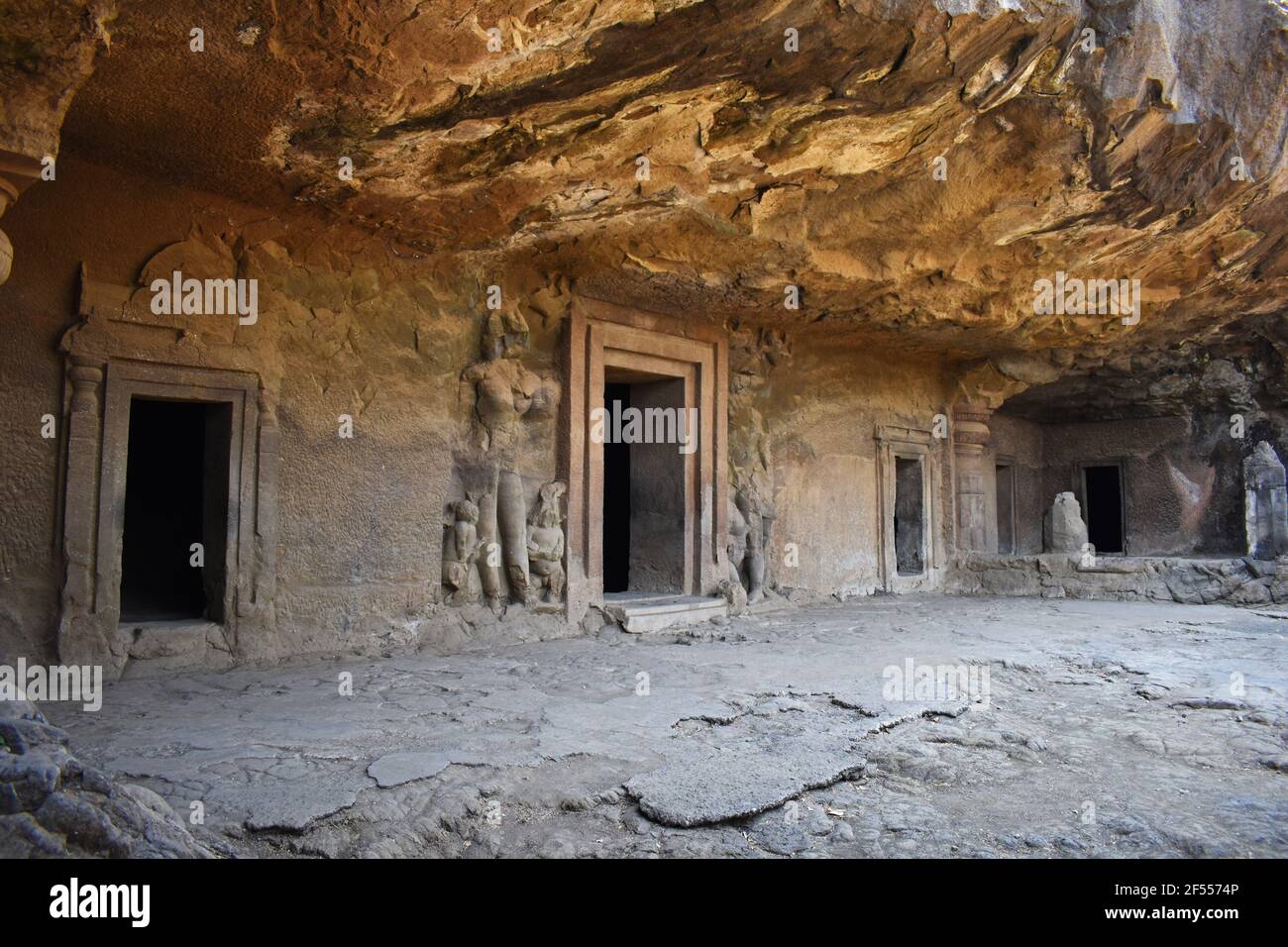 Elephanta Caves, Facade of Cave No. 4 rock cut,  at Elephanta Island or Gharapuri, Mumbai, Maharashtra, India Stock Photo