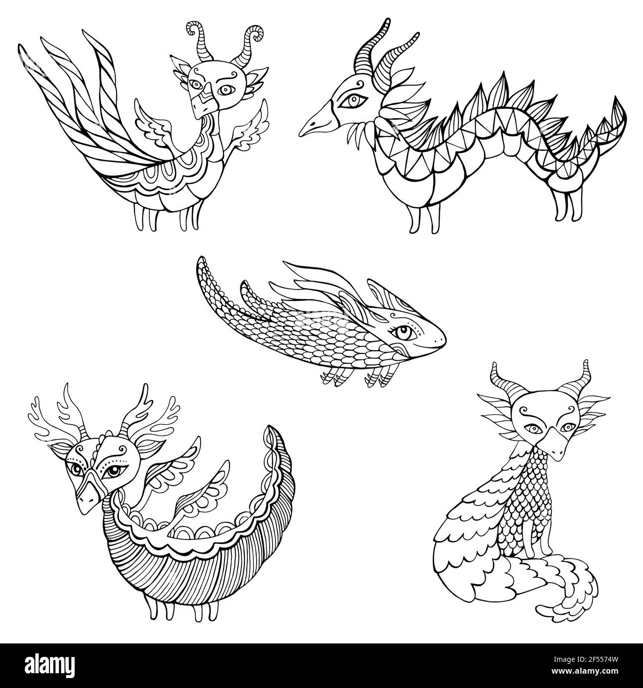 Set of five fantasy Dragons coloring page for kids and adults, isolated on white. Each dragon is unique, with its own and patterns, wings, horns and t Stock Vector