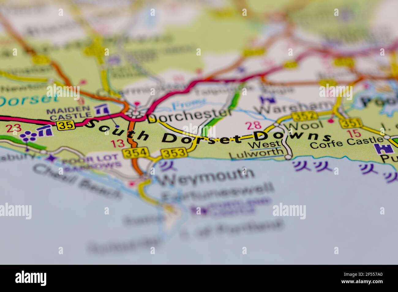 Road Map Of Dorset South Dorset Downs Shown On A Geography Map Or Road Map Stock Photo - Alamy