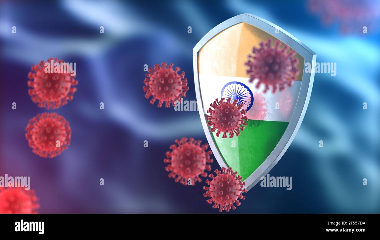 Coronavirus Sars-Cov-2 safety barrier. Steel shield painted as India national flag defend against cells, source of covid-19 disease. Security armor, v Stock Photo
