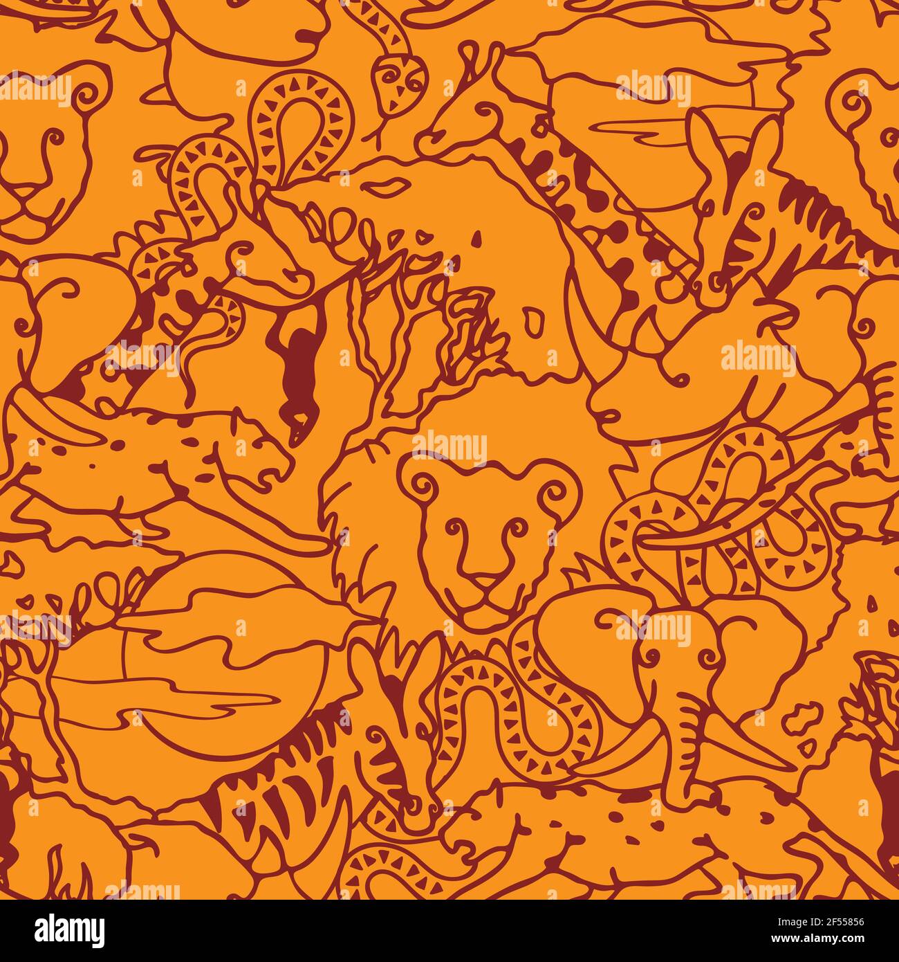 Seamless vector pattern with safari animals on orange background. Simple African line art wallpaper design for children. Stock Vector