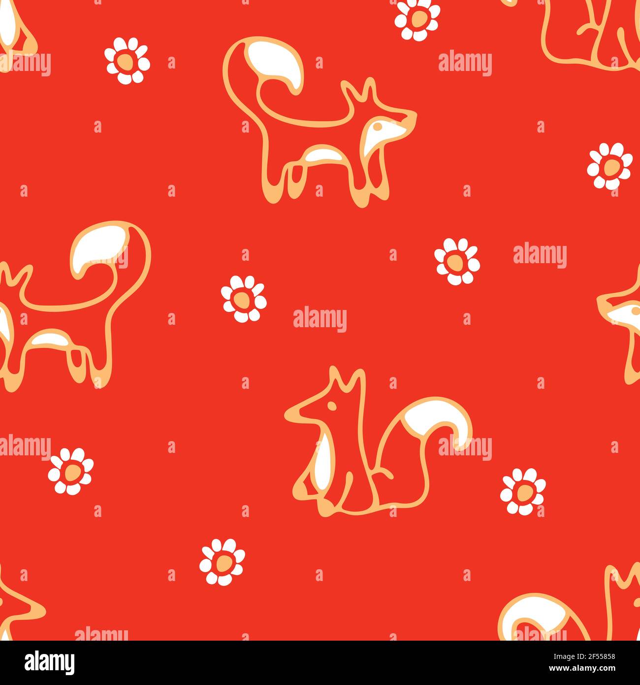 Seamless vector pattern with foxes and flowers on orange background ...