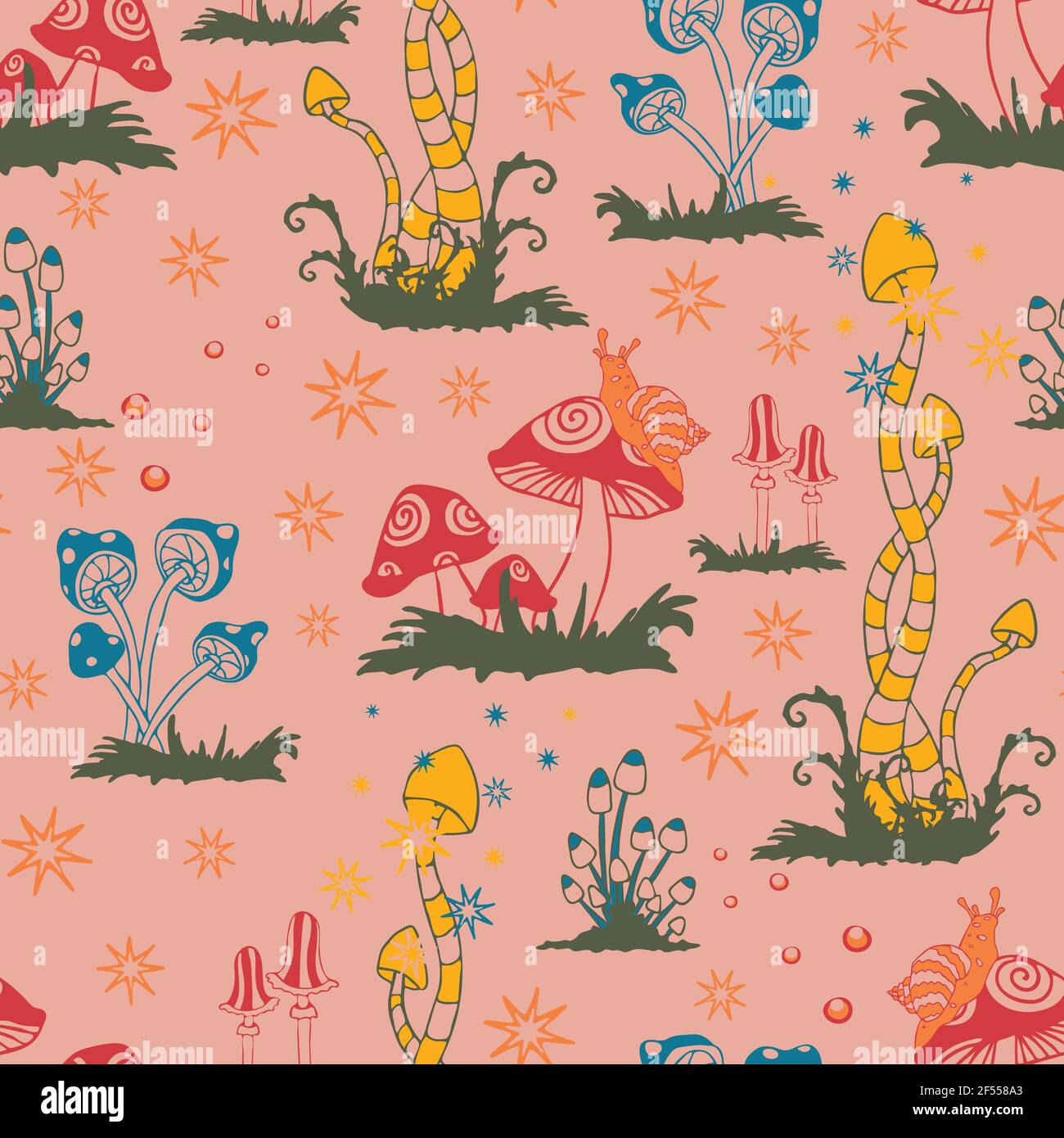 Seamless vector pattern with colourful mushrooms on light pink background. Cute fantasy forest wallpaper design. Bright magic fashion textile. Stock Vector