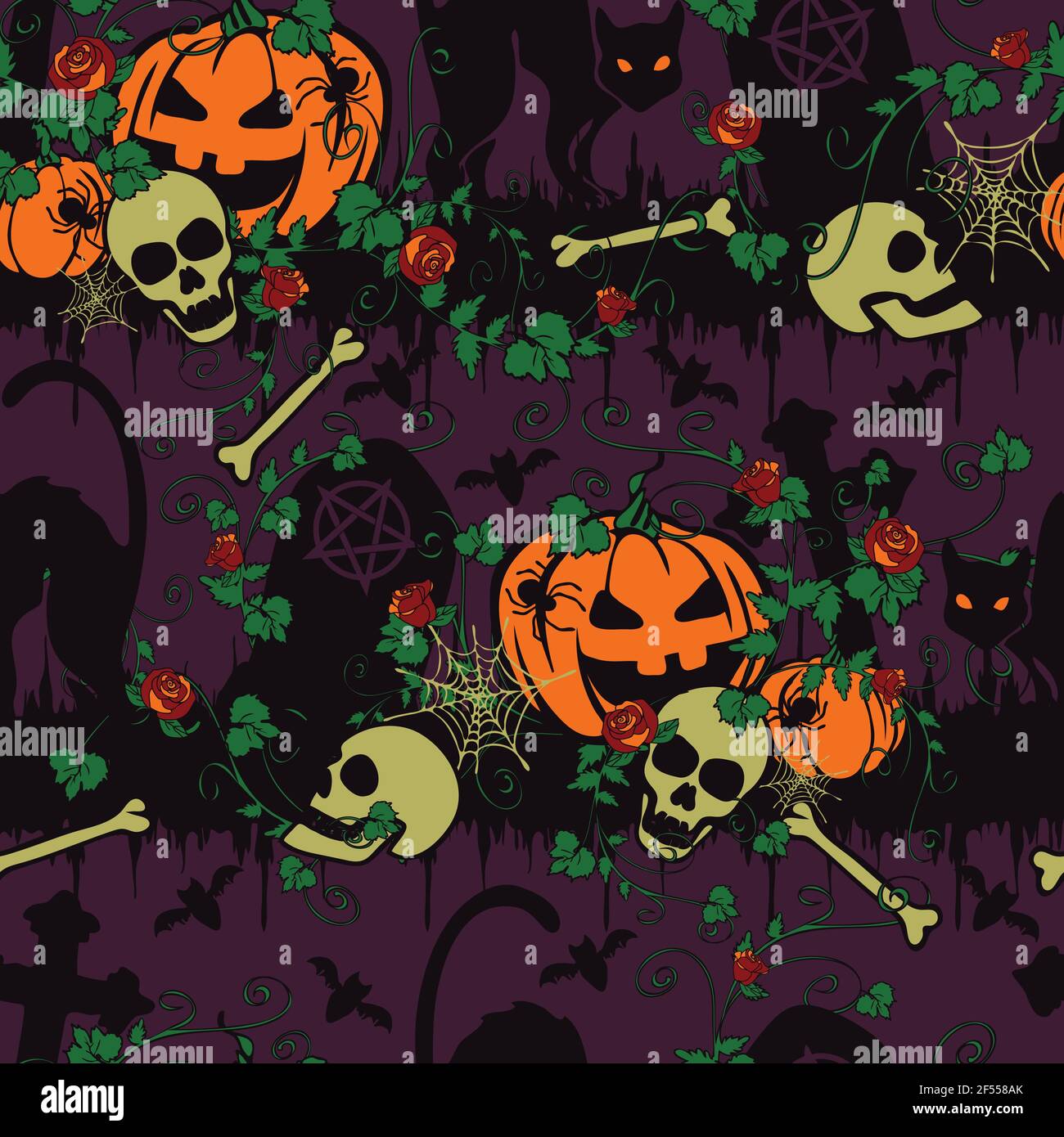 Seamless vector pattern with Gothic Halloween graveyard on purple background. Scary holiday wallpaper design with pumpkins and red roses. Stock Vector