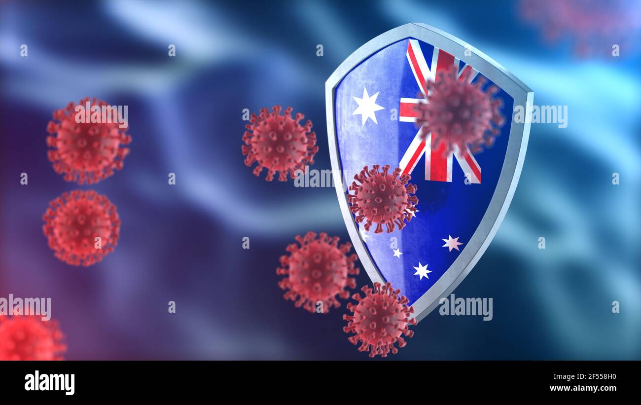 Coronavirus Sars-Cov-2 safety barrier. Steel shield painted as Heard Island and McDonald Islands national flag defend against cells, source of covid-1 Stock Photo