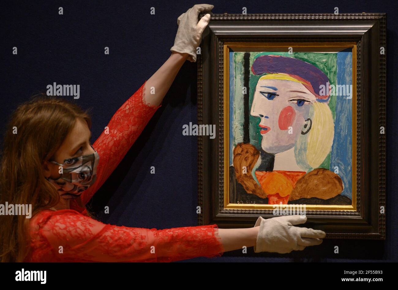 Bonhams, London, UK. 24 March 2021. A major Picasso portrait not seen for nearly 40 years, Femme au Béret Mauve, estimate $10,000,000-15,000,000, will be offered for sale at Bonhams Impressionist and Modern Art sale in New York on Thursday 13 May. Femme au Béret Mauve, painted in 1937, one of the artist’s most fruitful years during which he also produced Guernica. It is one of several depictions of Marie-Thérèse Walter painted at Le Tremblay-sur-Mauldre. Credit: Malcolm Park/Alamy Live News Stock Photo