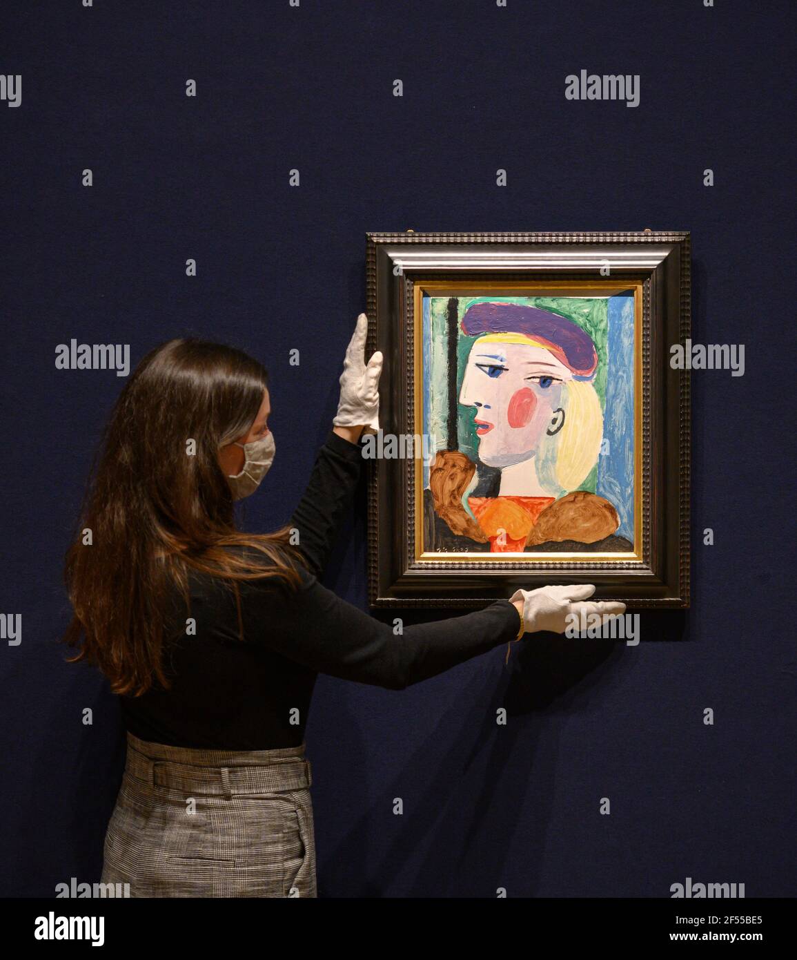 Bonhams, London, UK. 24 March 2021. A major Picasso portrait not seen for nearly 40 years, Femme au Béret Mauve, estimate $10,000,000-15,000,000, will be offered for sale at Bonhams Impressionist and Modern Art sale in New York on Thursday 13 May. Femme au Béret Mauve, painted in 1937, one of the artist’s most fruitful years during which he also produced Guernica. It is one of several depictions of Marie-Thérèse Walter painted at Le Tremblay-sur-Mauldre. Credit: Malcolm Park/Alamy Stock Photo