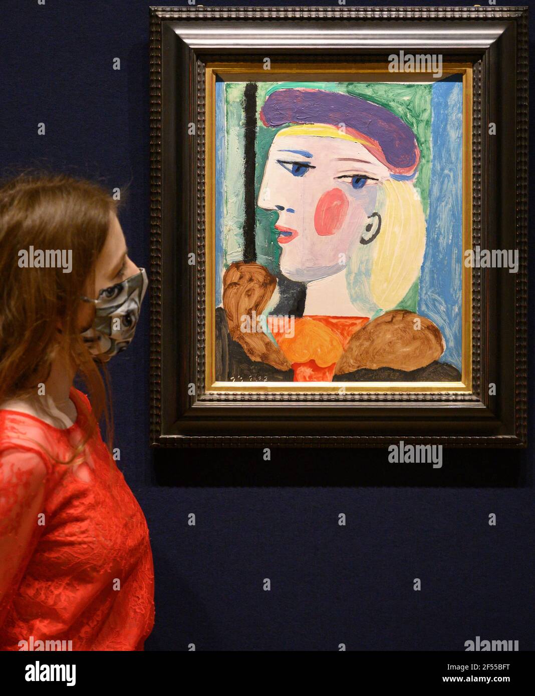 Bonhams, London, UK. 24 March 2021. A major Picasso portrait not seen for nearly 40 years, Femme au Béret Mauve, estimate $10,000,000-15,000,000, will be offered for sale at Bonhams Impressionist and Modern Art sale in New York on Thursday 13 May. Femme au Béret Mauve, painted in 1937, one of the artist’s most fruitful years during which he also produced Guernica. It is one of several depictions of Marie-Thérèse Walter painted at Le Tremblay-sur-Mauldre. Credit: Malcolm Park/Alamy Stock Photo