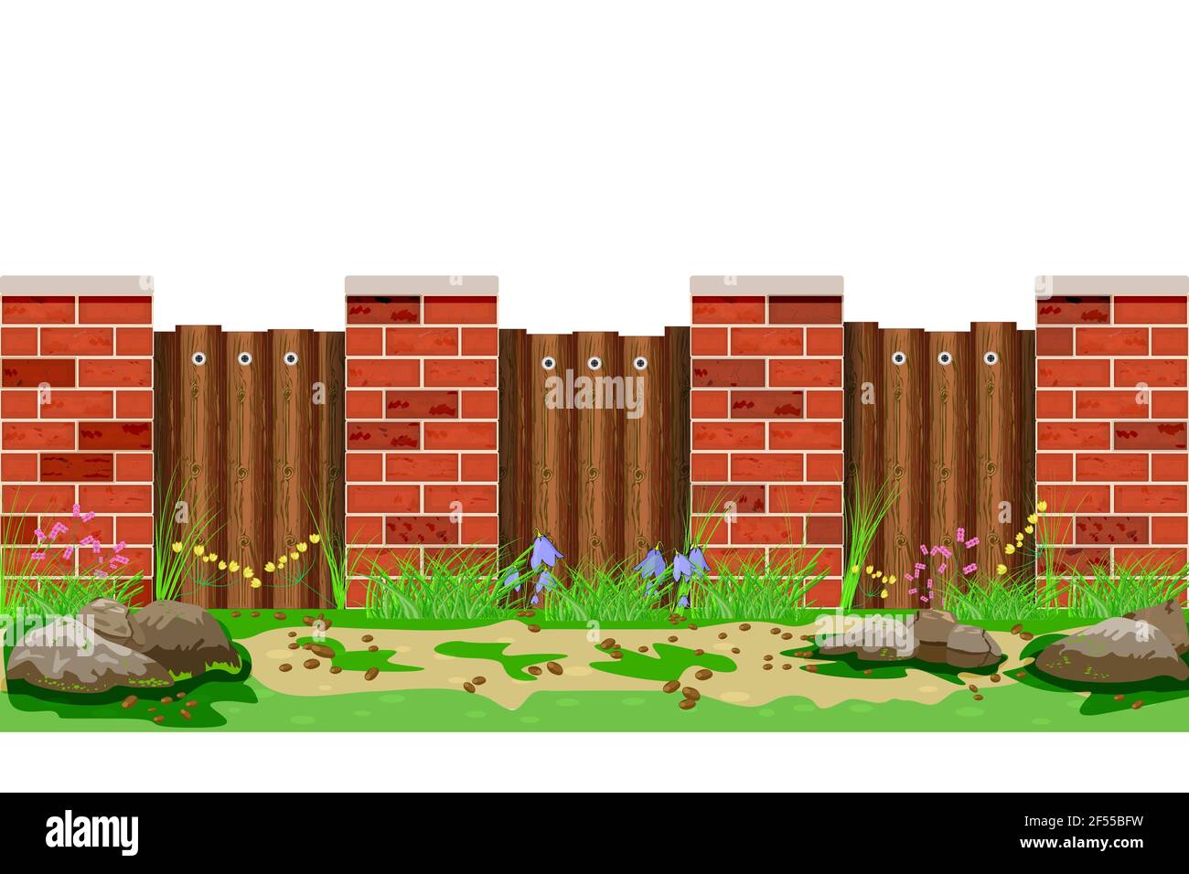 Wooden fence with grass and stones isolated on white background. Farm garden wood barrier with pillars of bricks.Scenery of city park or street wall i Stock Vector
